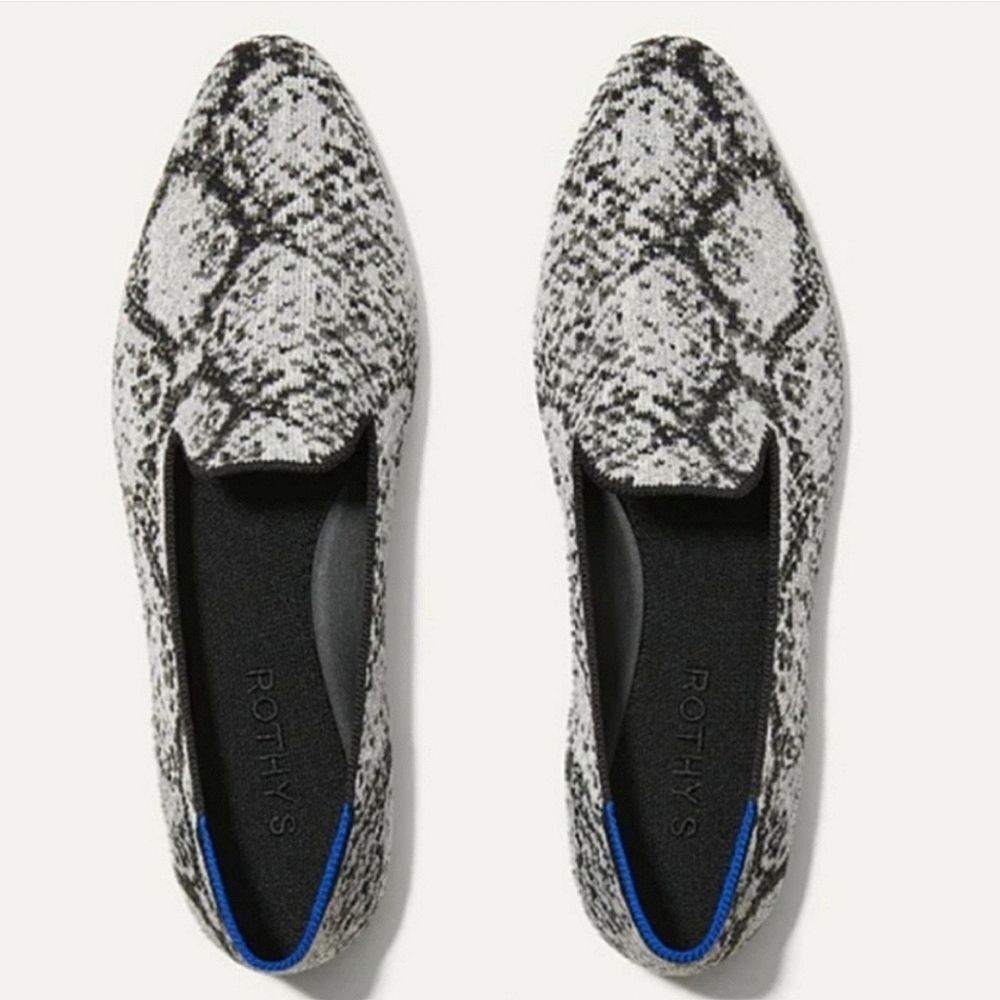 EUC Rothy’s White Python Snake Almond Loafers Flats Black Size 9